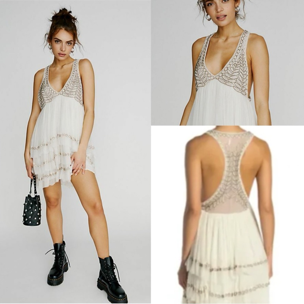 NWT Starlight Free People Cream Embroidered Racerback Mini Dress Size S RARE